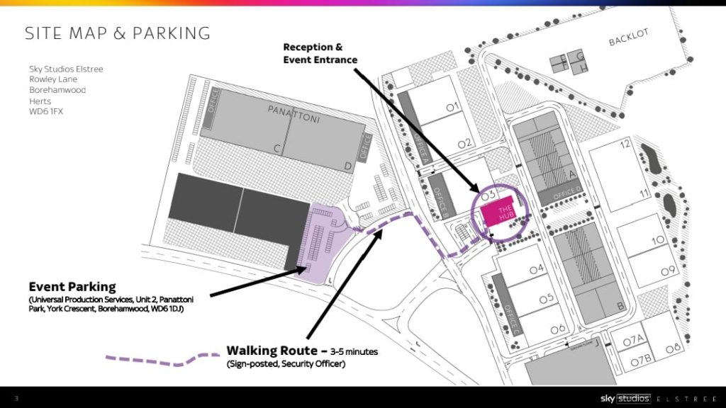 Sky Studios Elstree site map showing walking route to Gratitude Christmas Grotto 2025